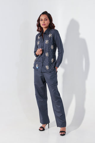 Charcoal co-Ord set in pure linen with stone embellishment on shirt.