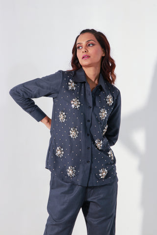 Charcoal co-Ord set in pure linen with stone embellishment on shirt.