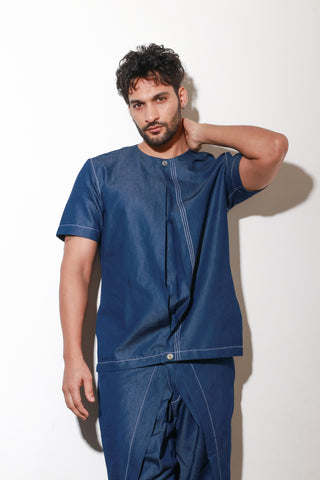 Denim co-ord set features a short sleeved top with double flap pants.