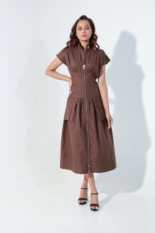 Chocolate Brown midi zipper dress with quilting detailing.