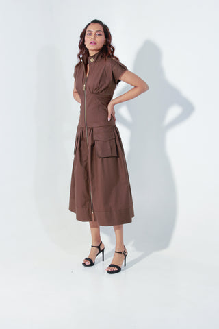 Chocolate Brown midi zipper dress with quilting detailing.