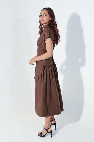 Chocolate Brown midi zipper dress with quilting detailing.