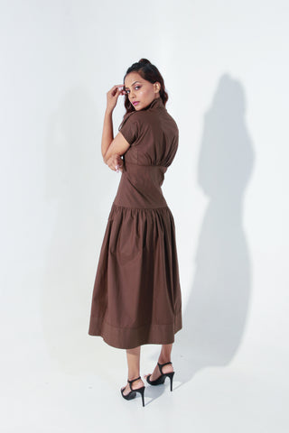 Chocolate Brown midi zipper dress with quilting detailing.