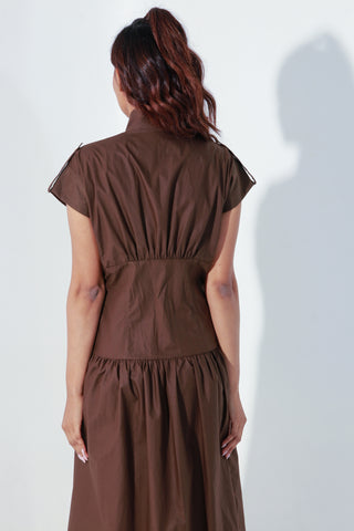 Chocolate Brown midi zipper dress with quilting detailing.