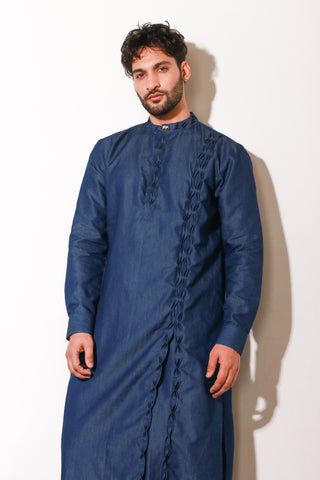 Denim long length kurta with self pleat detailing on side placket and collar with narrow off white pants.