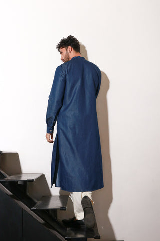 Denim long length kurta with self pleat detailing on side placket and collar with narrow off white pants.