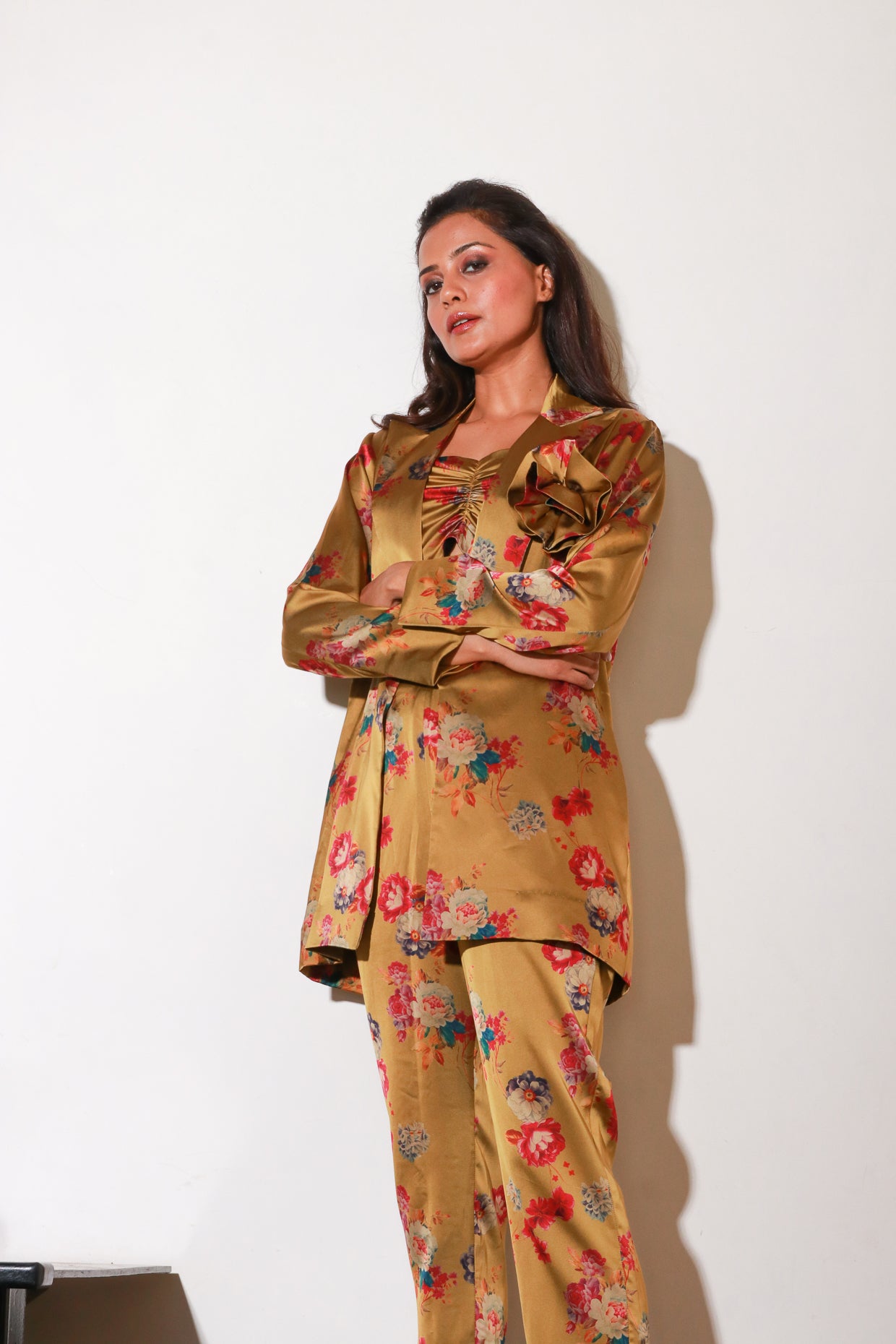 Floral diva pant suit with bustier inside.