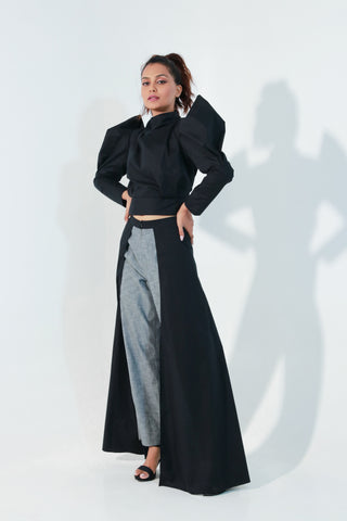 Black co-ord set features a structured crop top with side panel and grey & black high waisted pants.