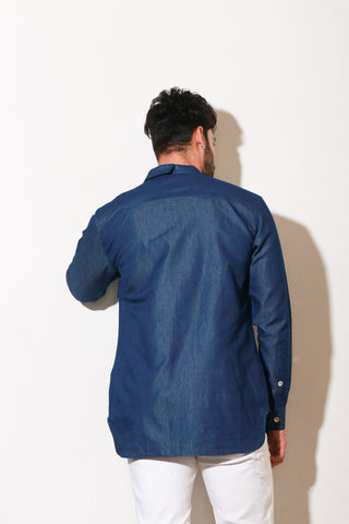 Classic denim shirt with extended collar and pocket feature.