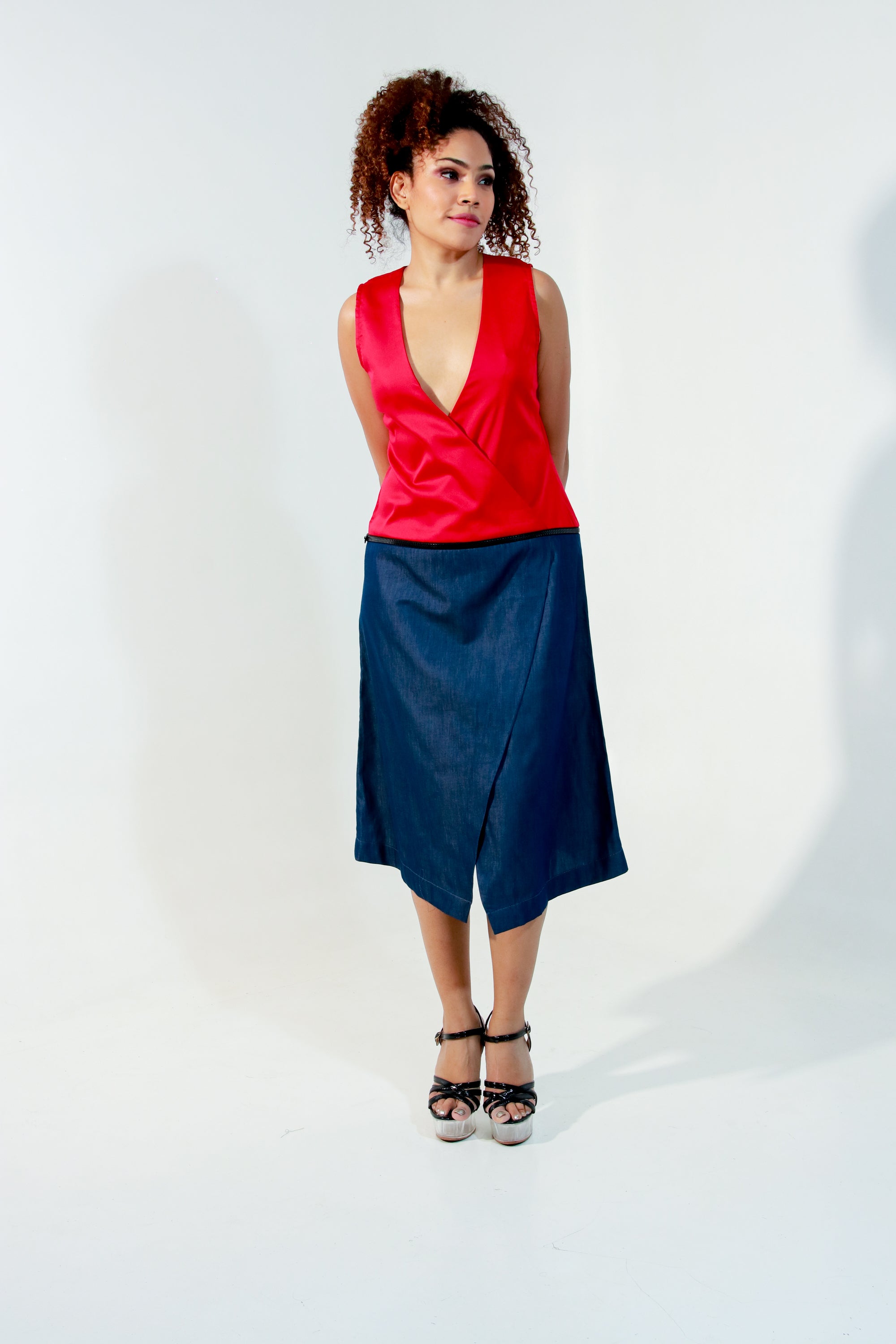 Red and denim waist zippered dress