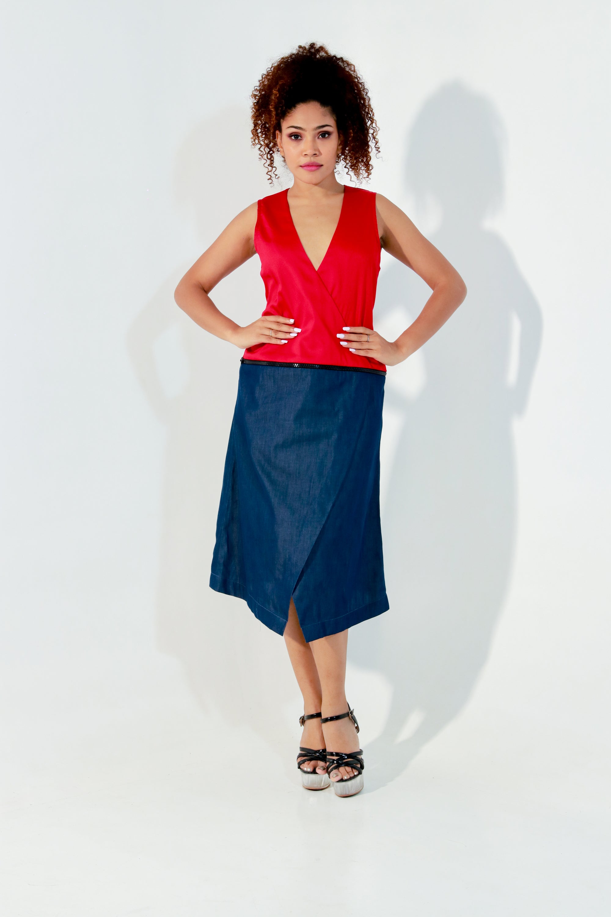 Red and denim waist zippered dress