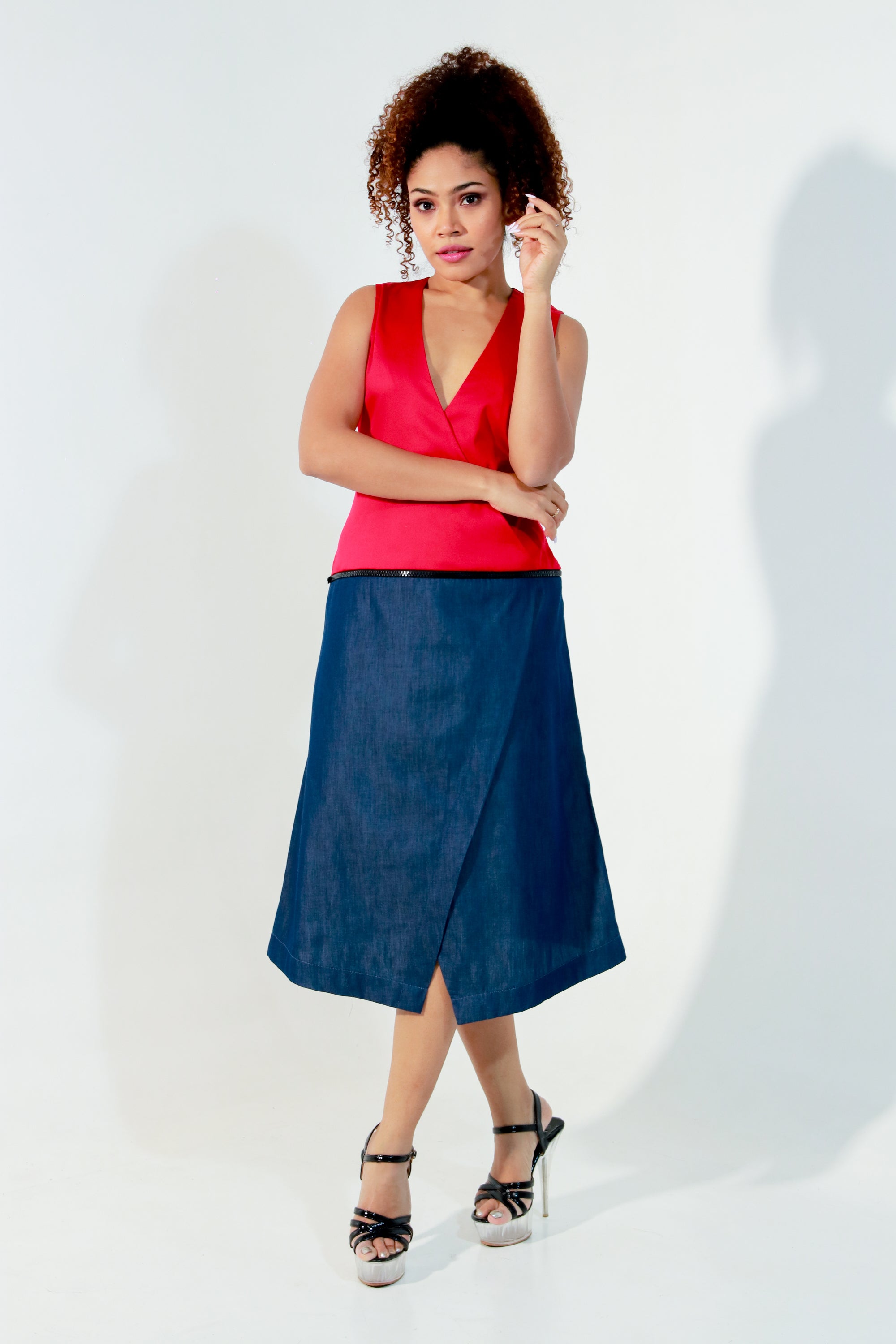 Red and denim waist zippered dress