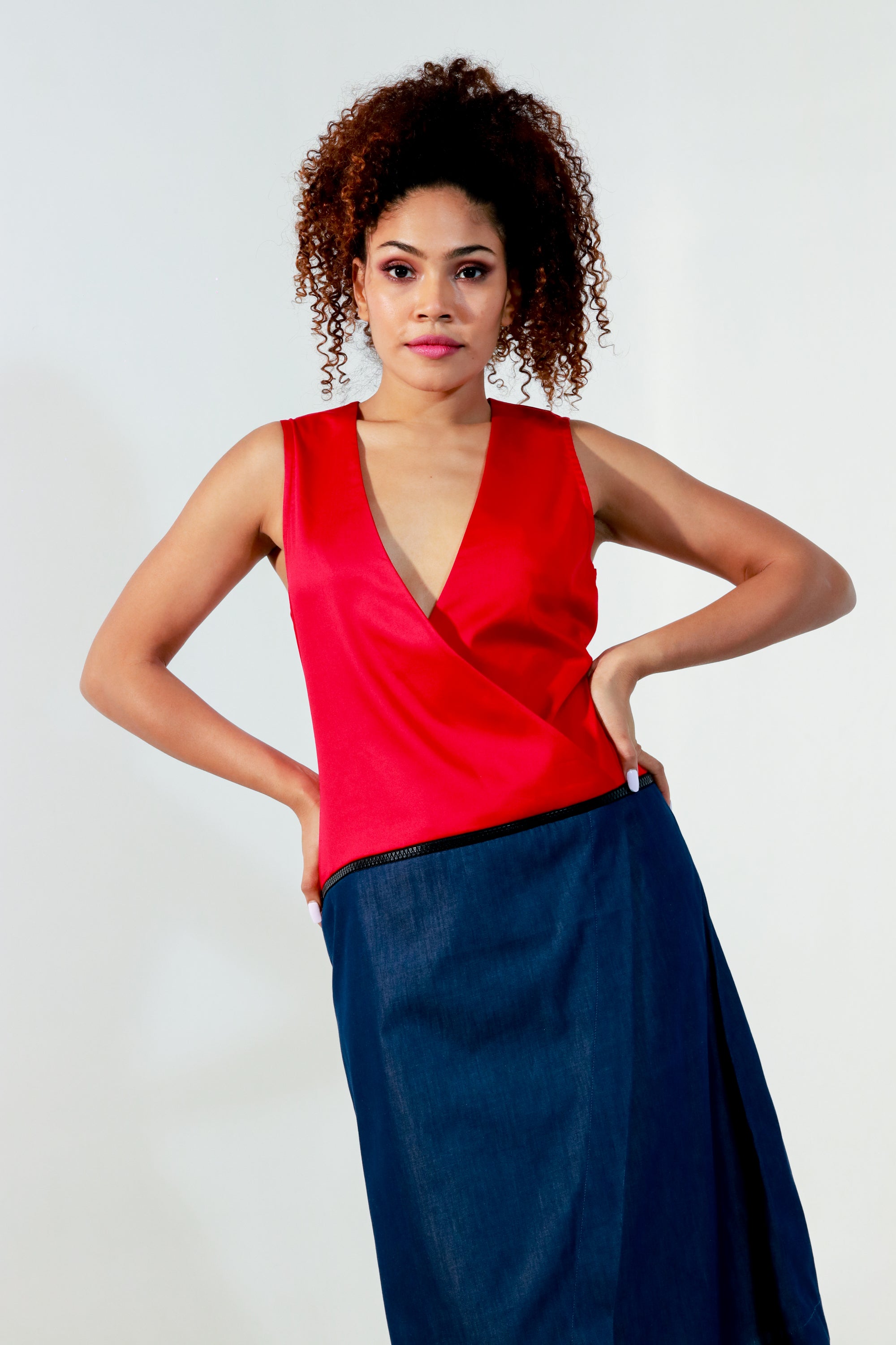 Red and denim waist zippered dress