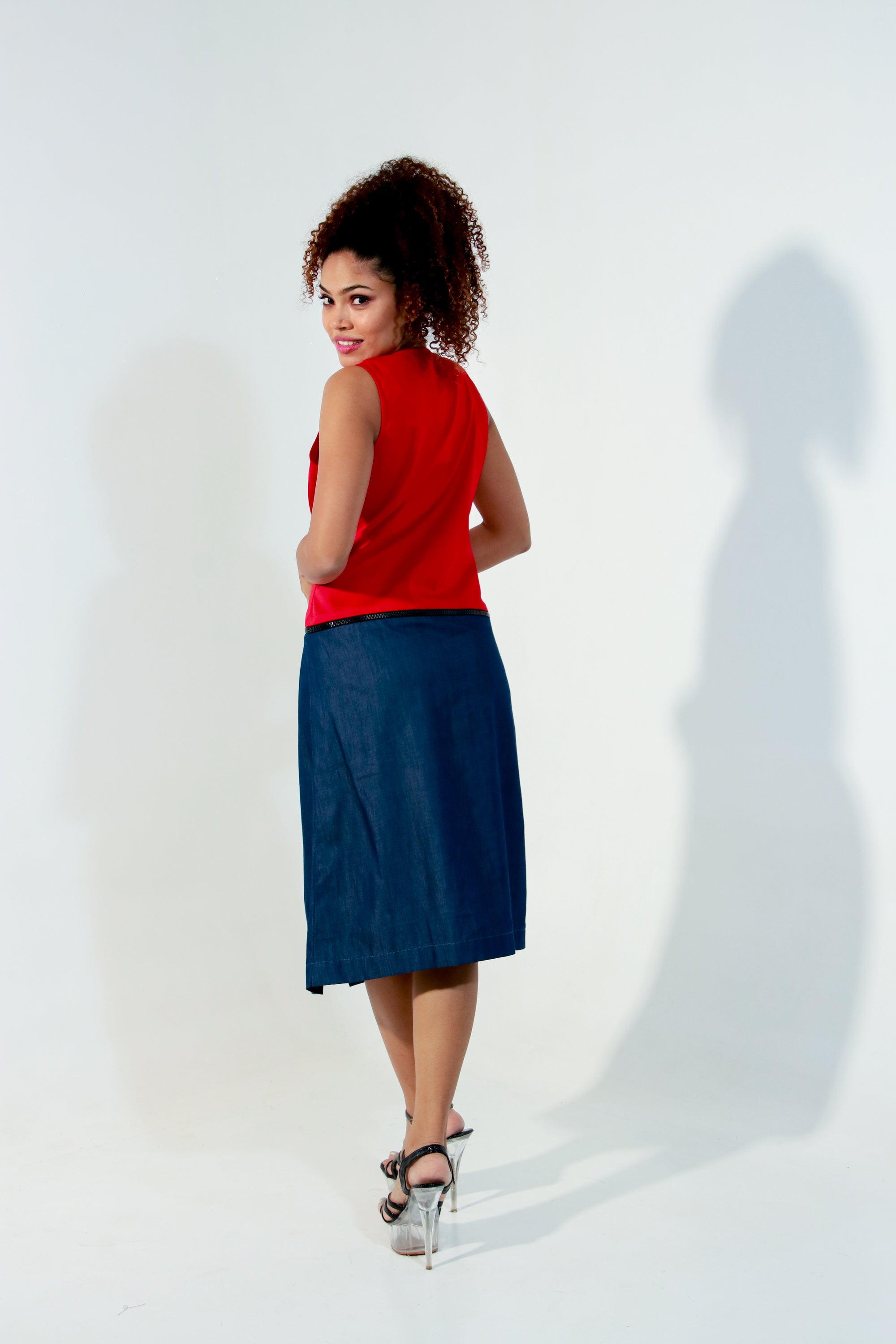 Red and denim waist zippered dress