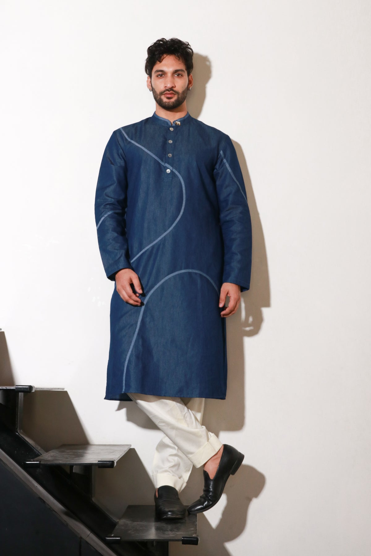 Denim long kurta with crepe printed wave detailing with off white narrow pants.