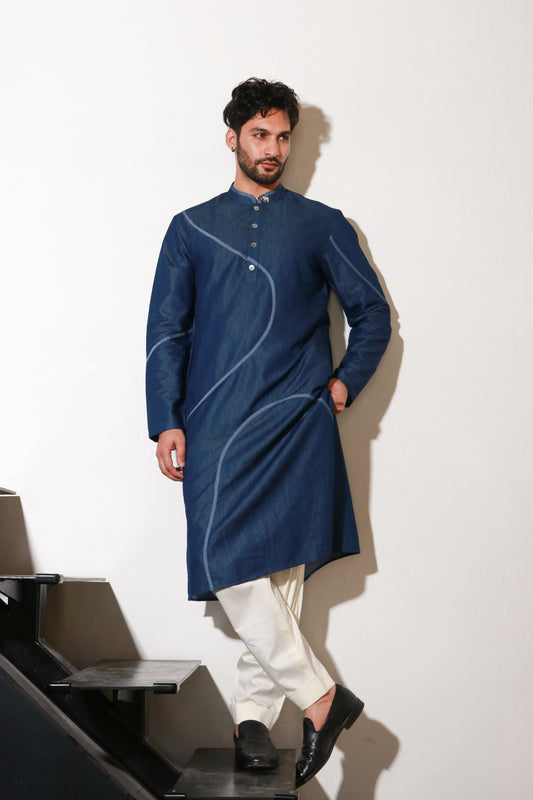 Denim long kurta with crepe printed wave detailing with off white narrow pants.