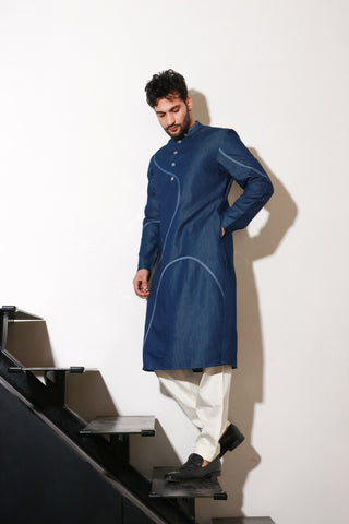 Denim long kurta with crepe printed wave detailing with off white narrow pants.