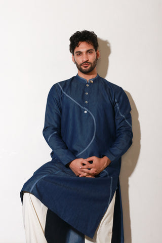 Denim long kurta with crepe printed wave detailing with off white narrow pants.