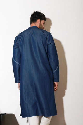 Denim long kurta with crepe printed wave detailing with off white narrow pants.