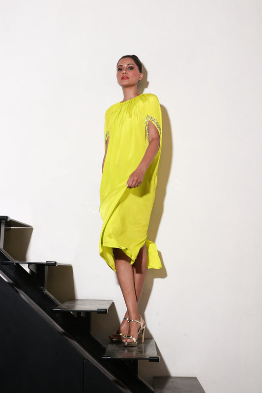 Lime yellow crepe dress with embellished cut-out sleeves.