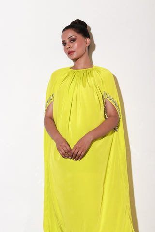 Lime yellow crepe dress with embellished cut-out sleeves.