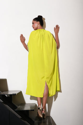 Lime yellow crepe dress with embellished cut-out sleeves.