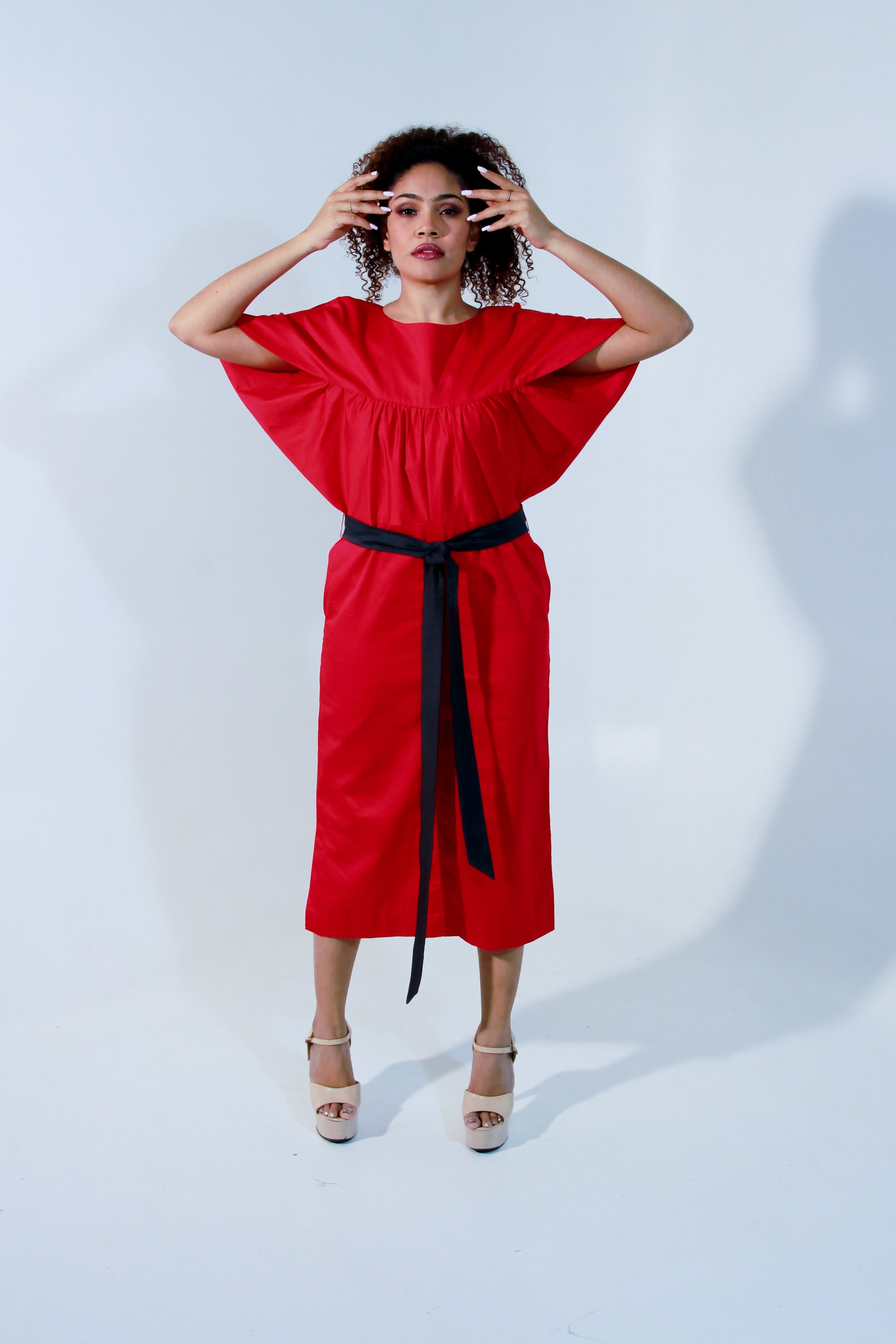 Red and charcoal angular sleeves dress