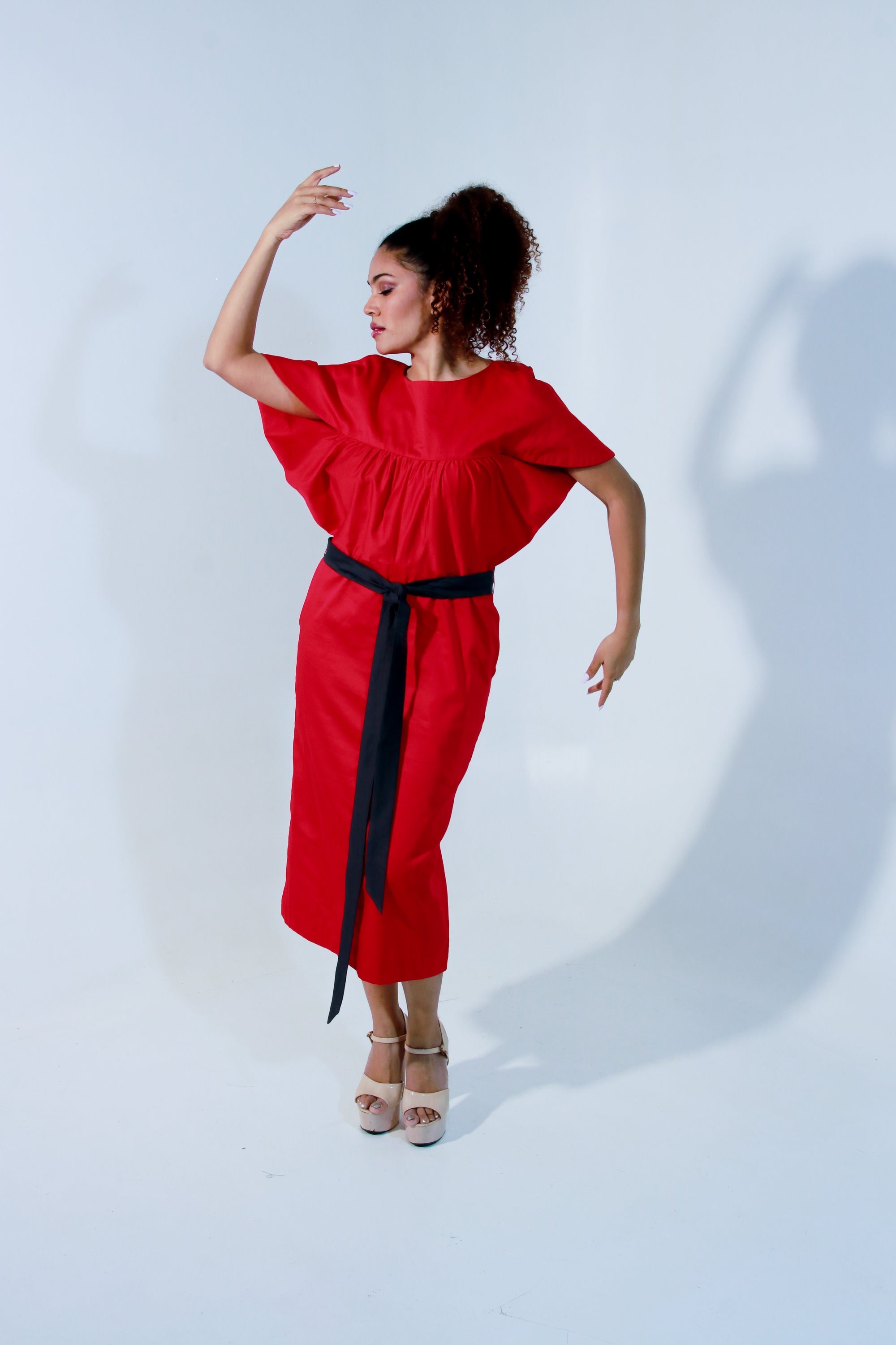 Red and charcoal angular sleeves dress