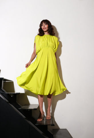 Yellow french crepe neck rouged dress with broad open sleeves flared midi