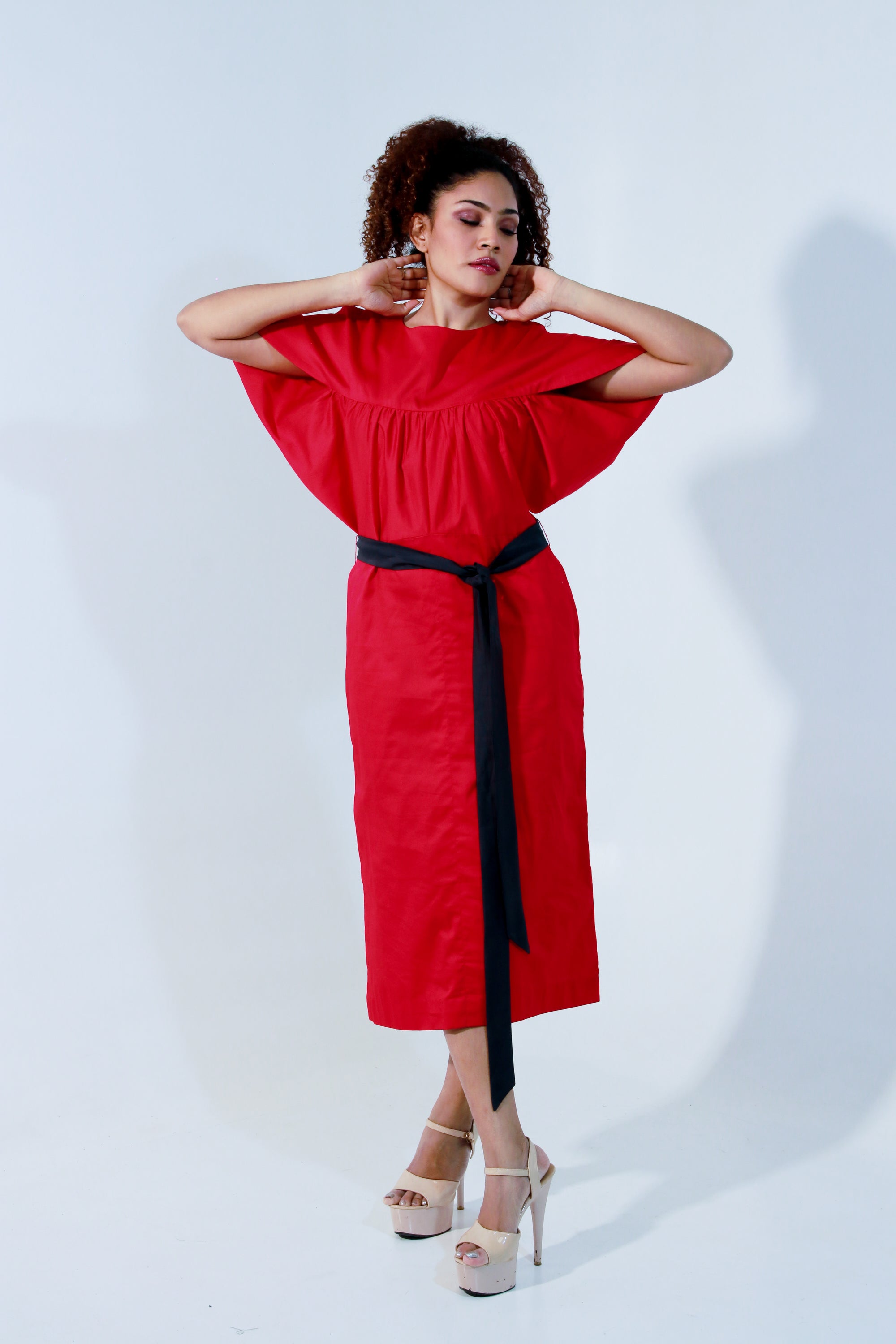 Red and charcoal angular sleeves dress