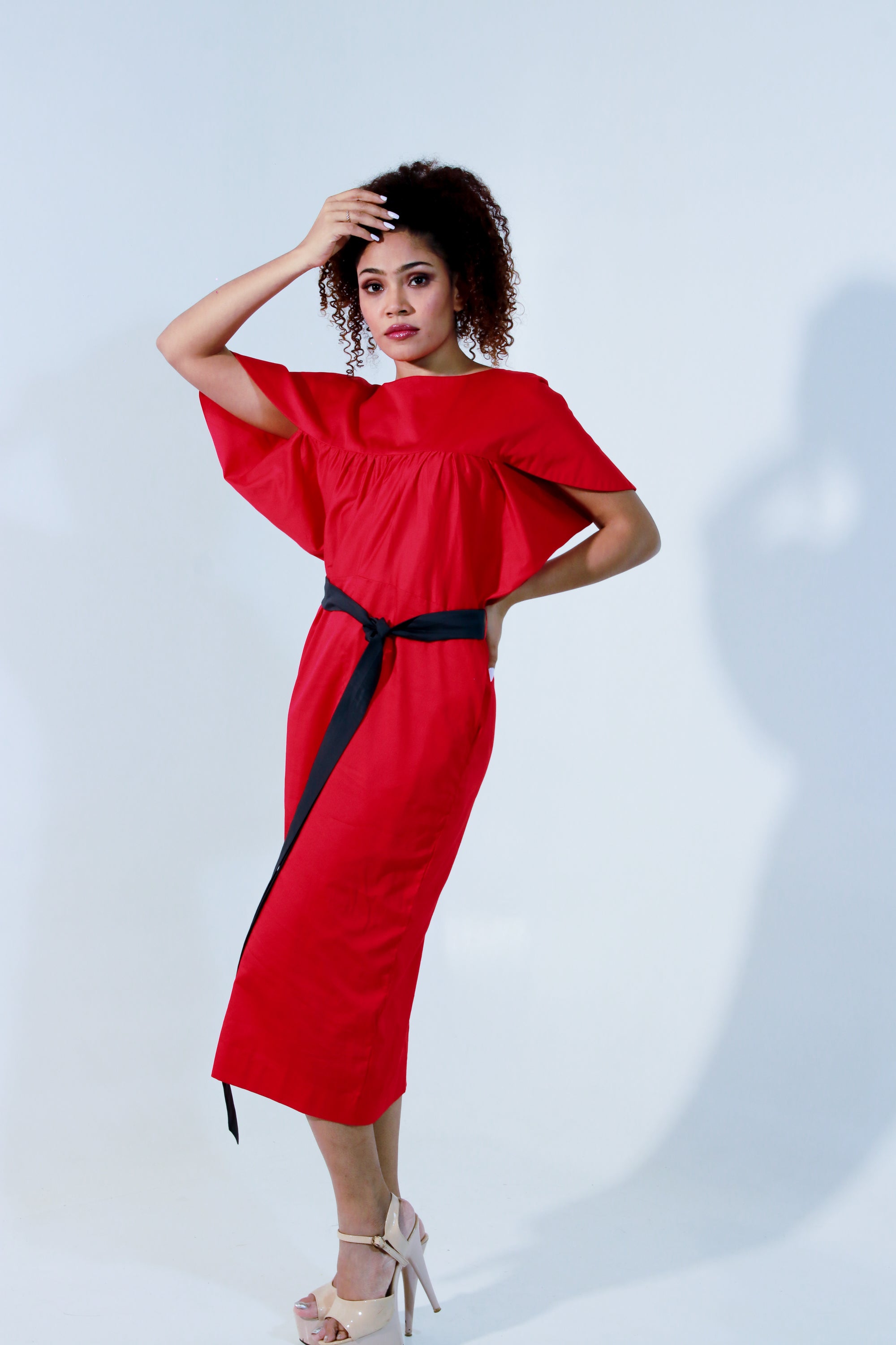 Red and charcoal angular sleeves dress