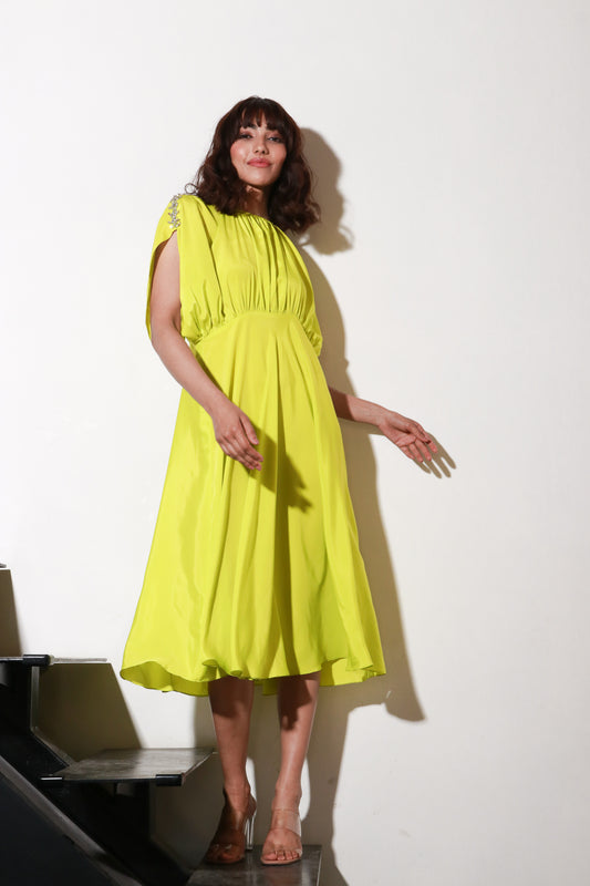 Yellow french crepe neck rouged dress with broad open sleeves flared midi