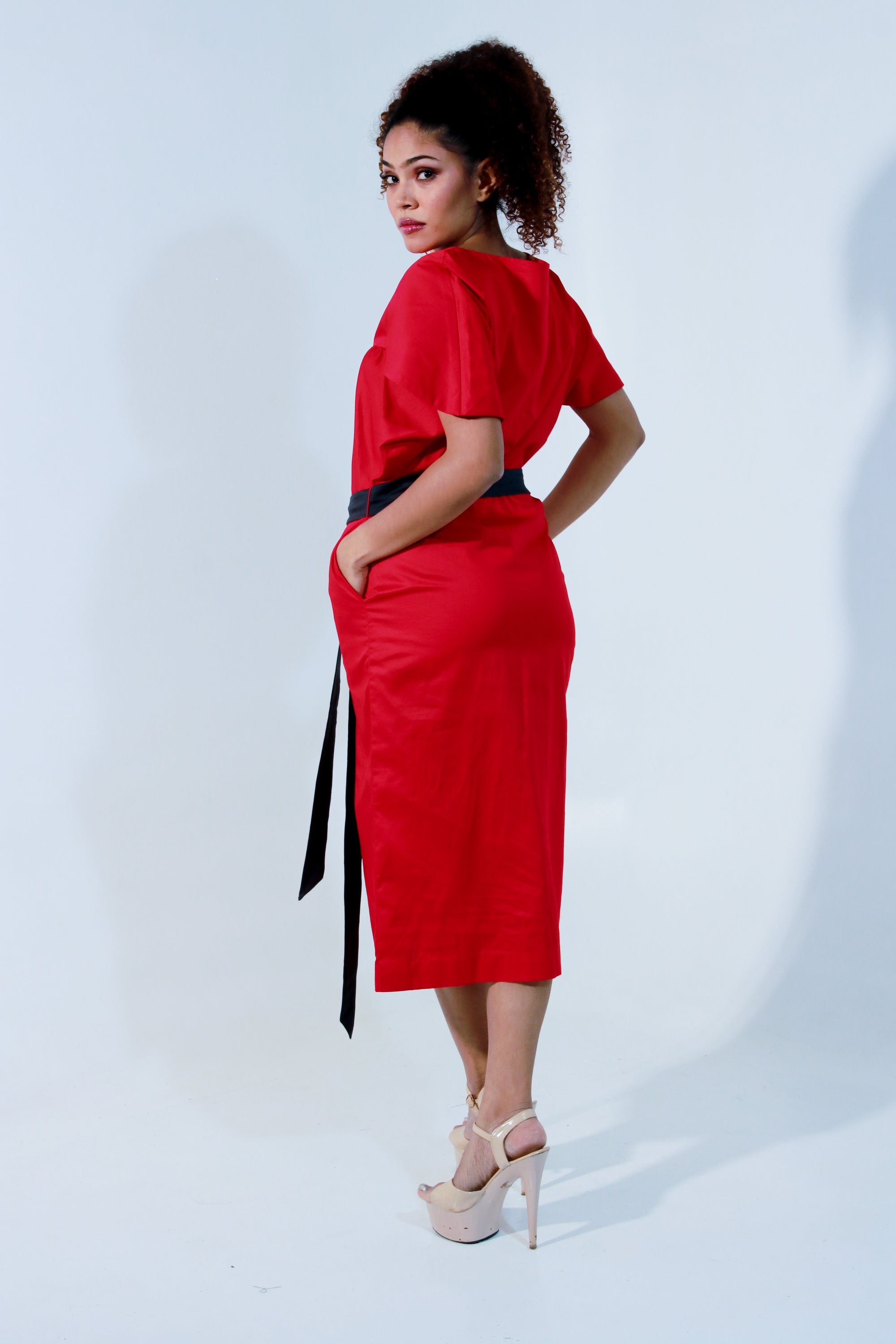 Red and charcoal angular sleeves dress