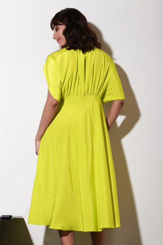 Yellow french crepe neck rouged dress with broad open sleeves flared midi