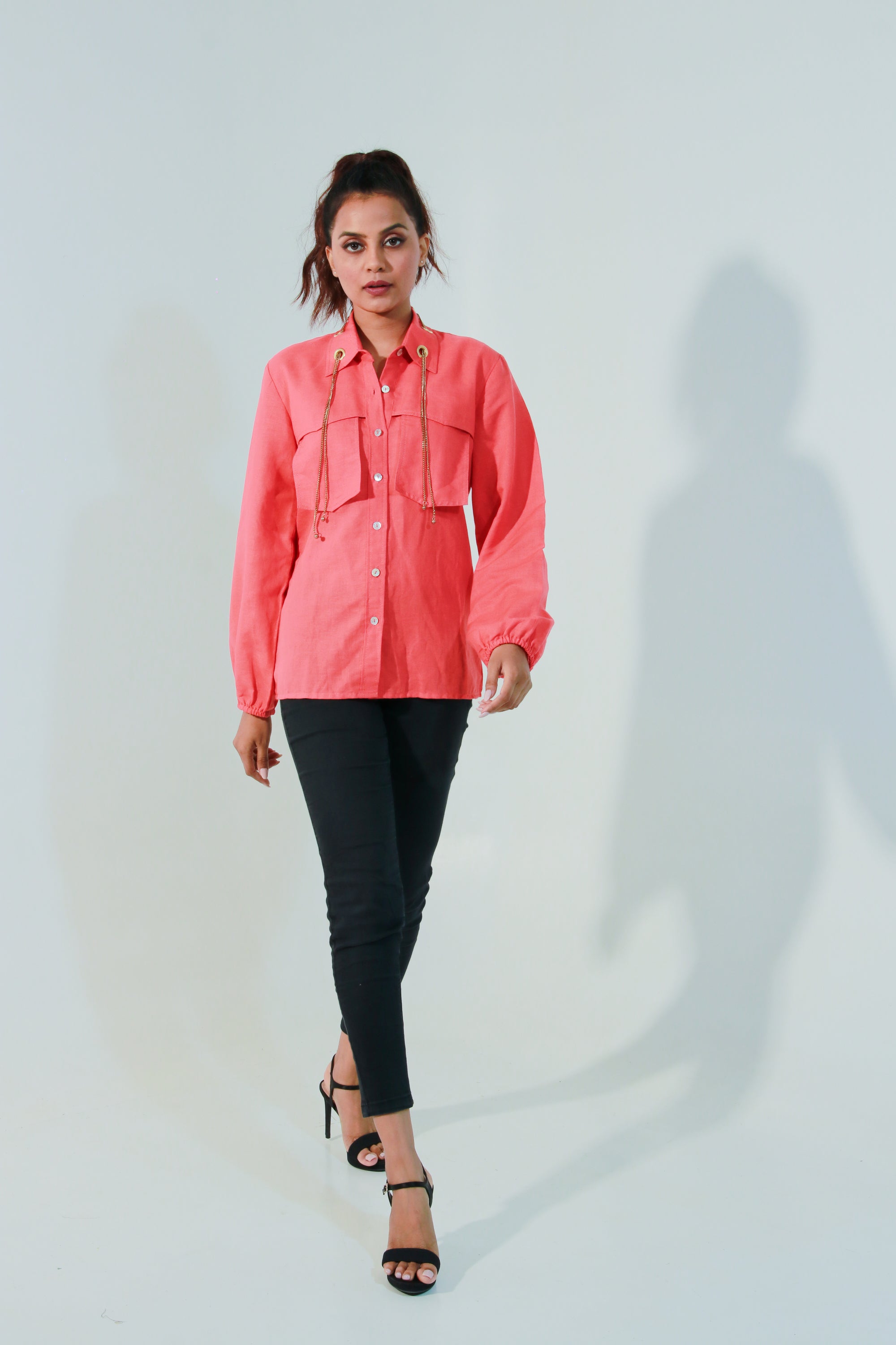 Coral shirt with patched pockets with eyelet and zip detailing.