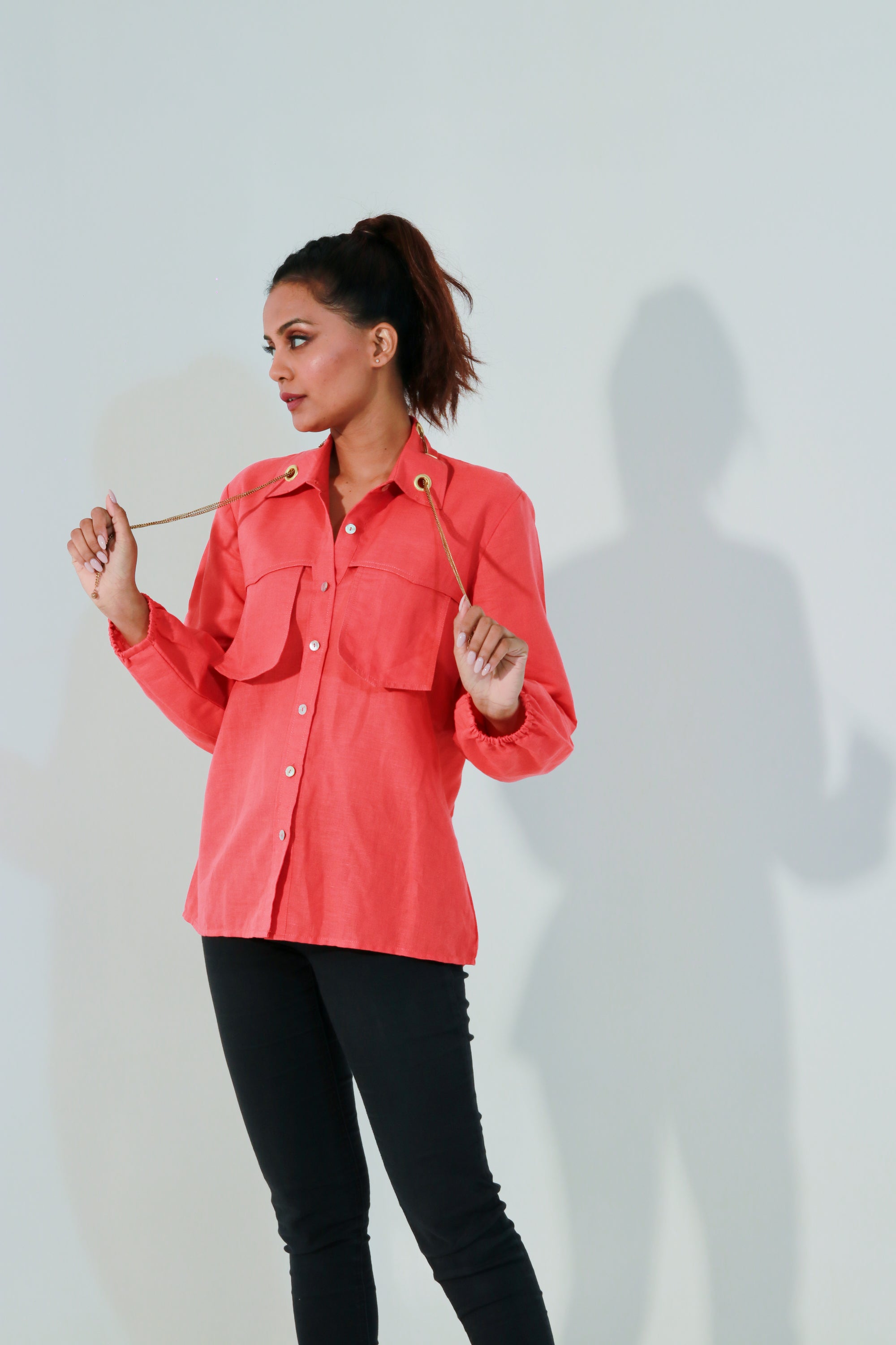 Coral shirt with patched pockets with eyelet and zip detailing.