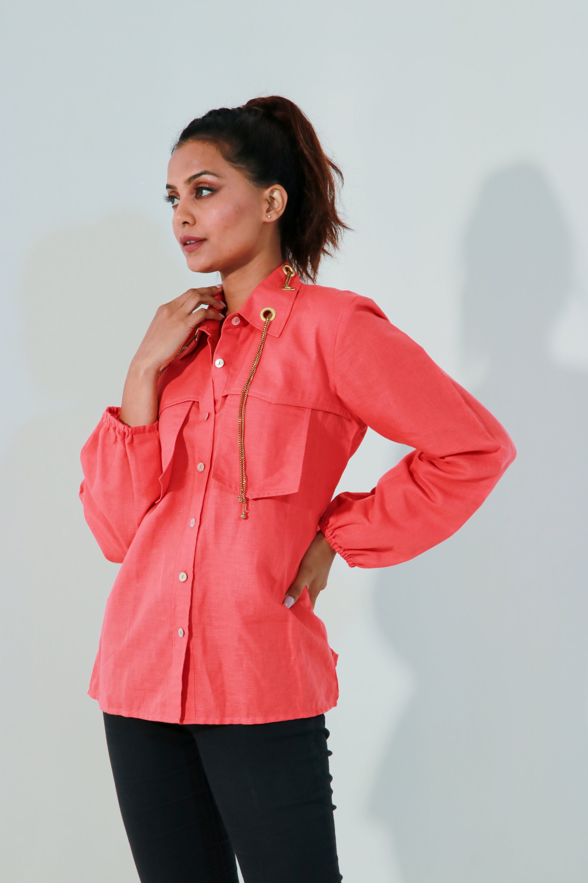 Coral shirt with patched pockets with eyelet and zip detailing.