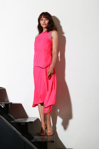 Pink French crepe one off shoulder midi flared dress with tie up feature sleeve.