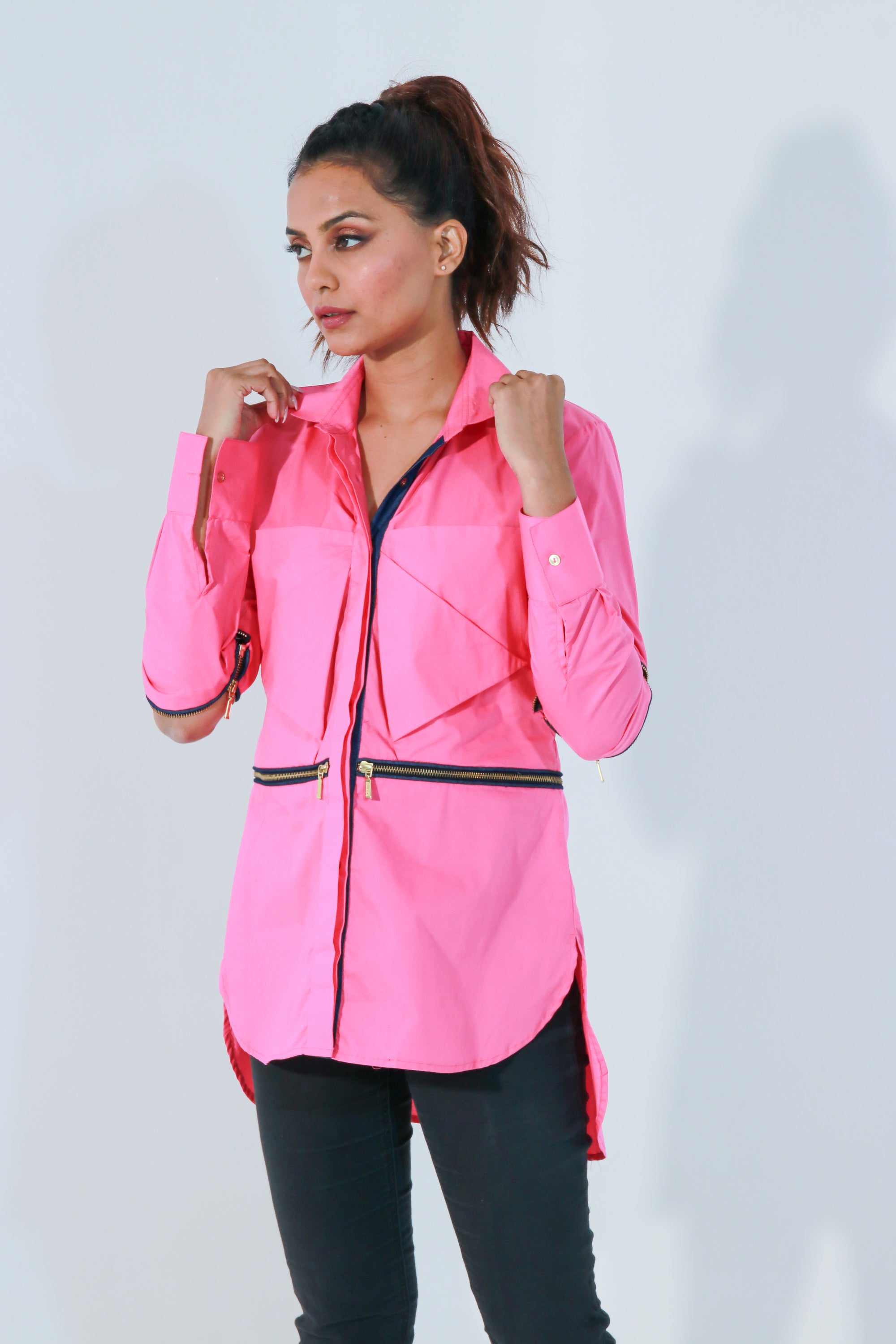 Pink and denim shirt with bow feature