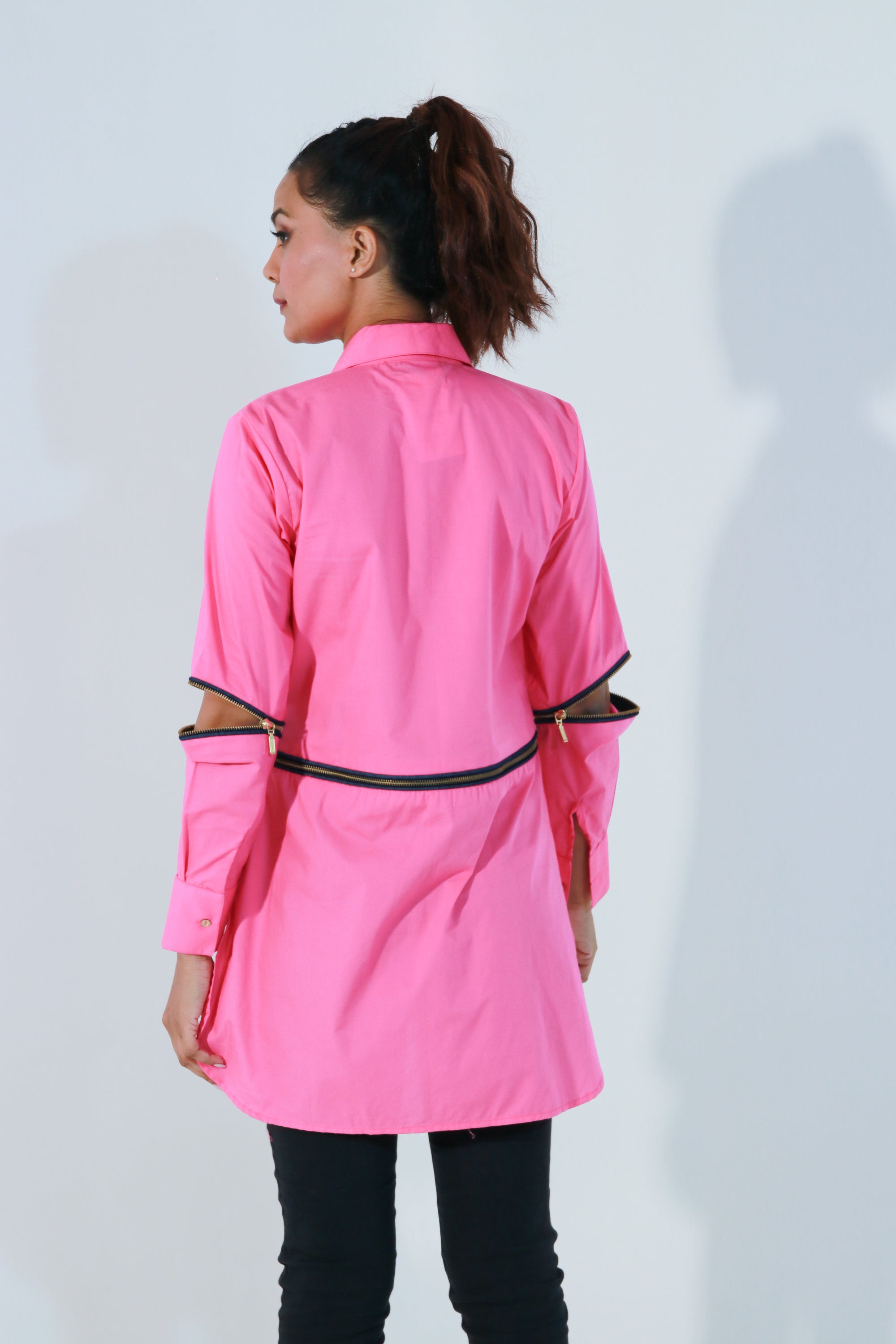 Pink and denim shirt with bow feature