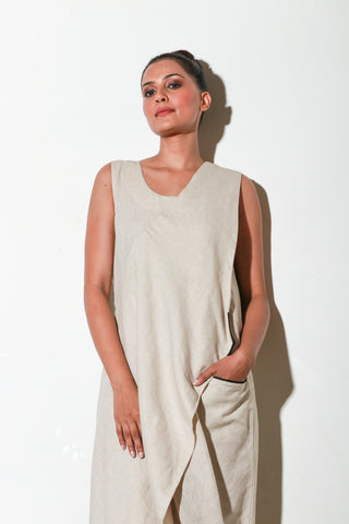 Ecru asymmetric sleeveless jumpsuits.