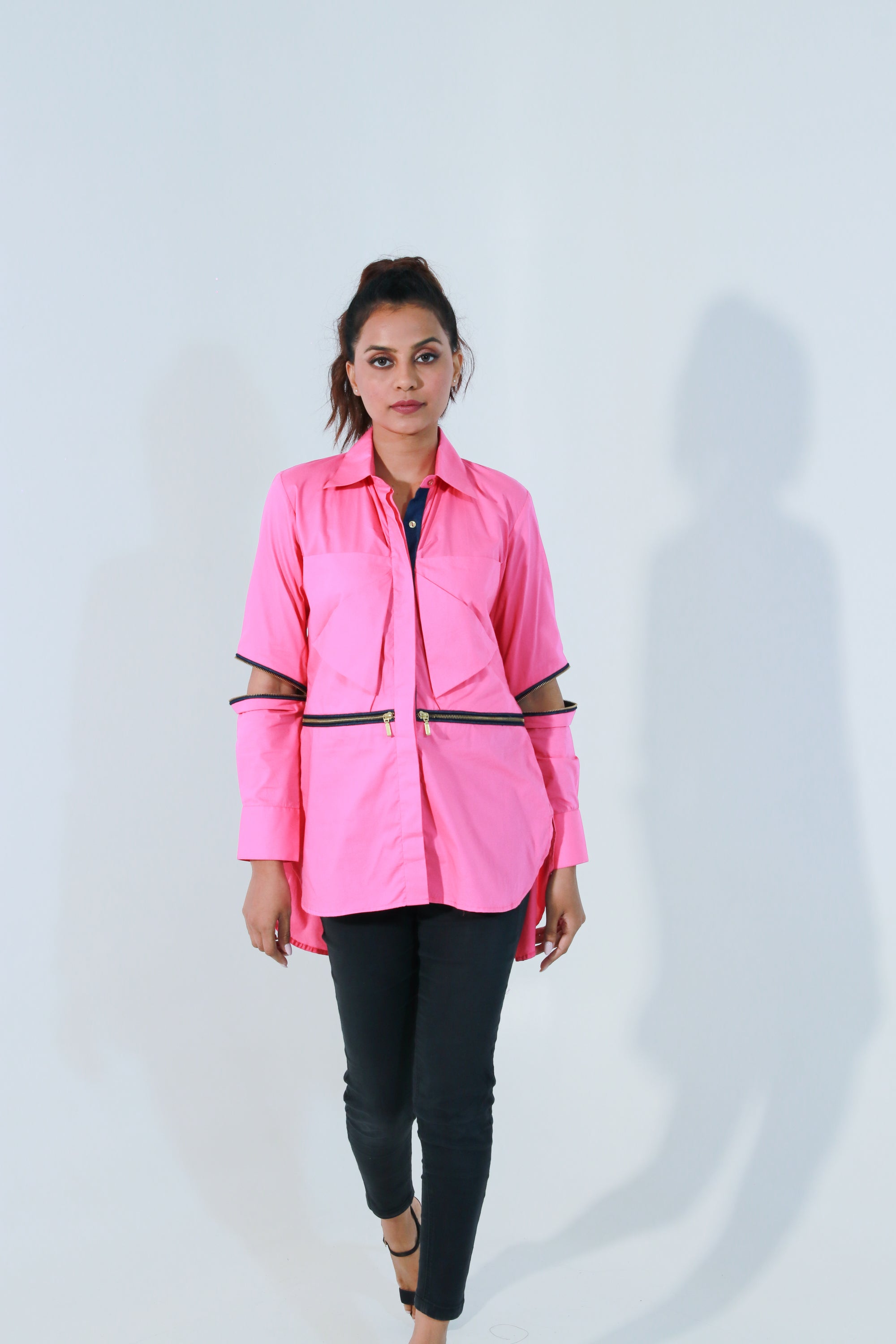 Pink and denim shirt with bow feature