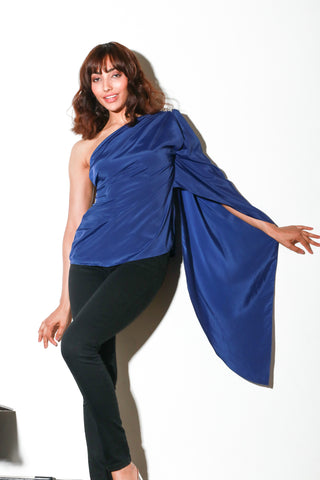 Blue crepe one shoulder top with one shoulder with drape feature and diamante shoulder feature