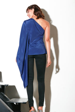 Blue crepe one shoulder top with one shoulder with drape feature and diamante shoulder feature