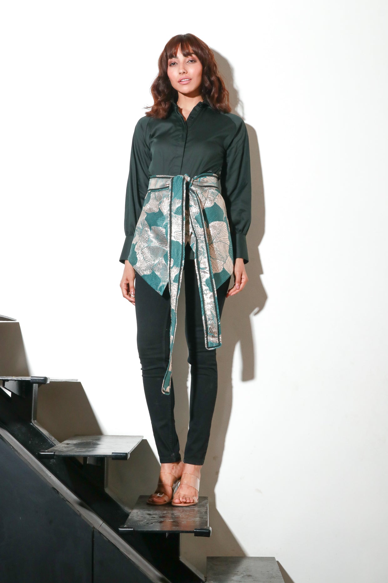 Green Shirt with jacquard waist corset tie up.