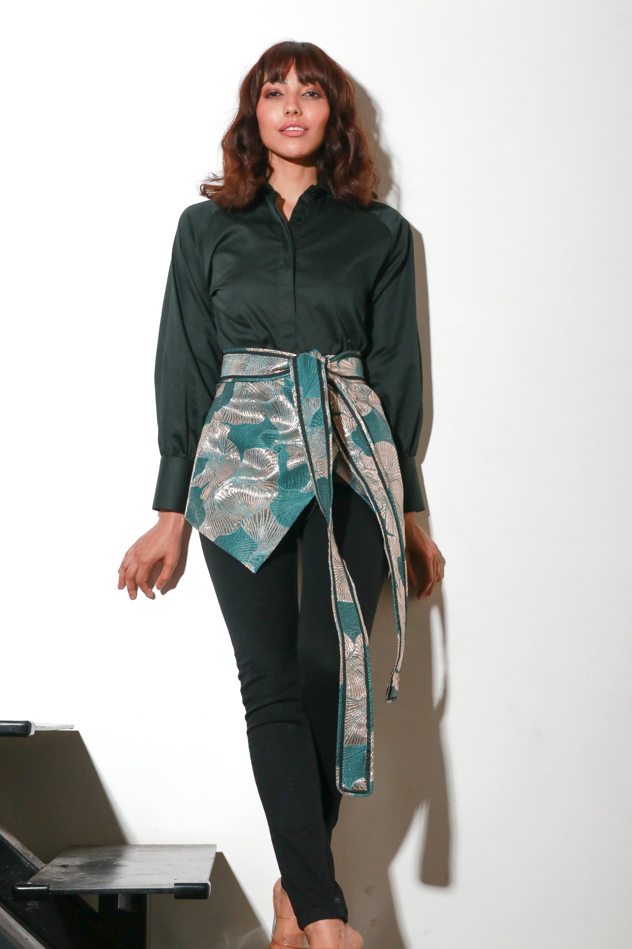 Green Shirt with jacquard waist corset tie up.
