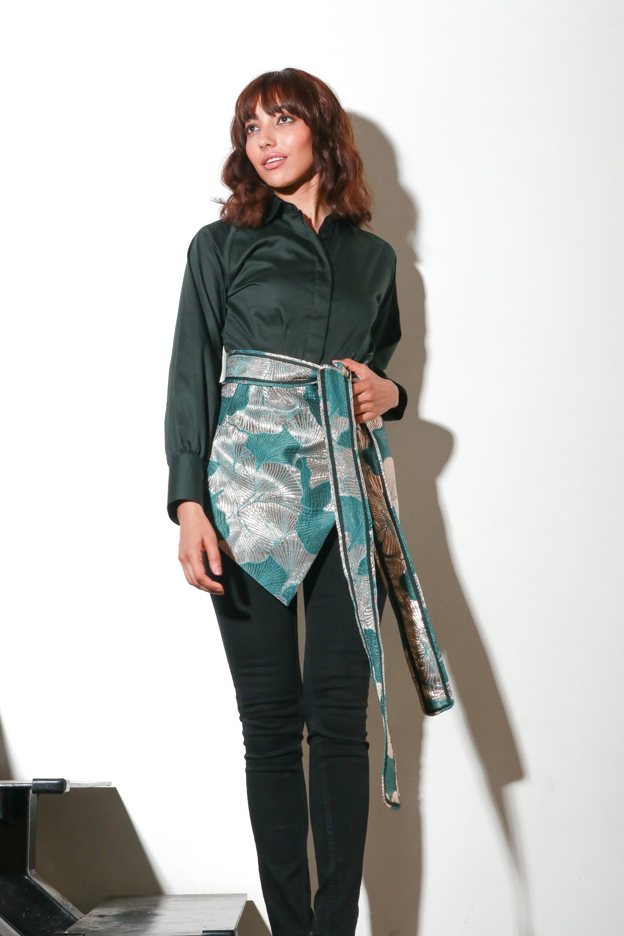 Green Shirt with jacquard waist corset tie up.