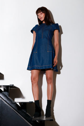 Denim dress with parachute sleeves short dress.