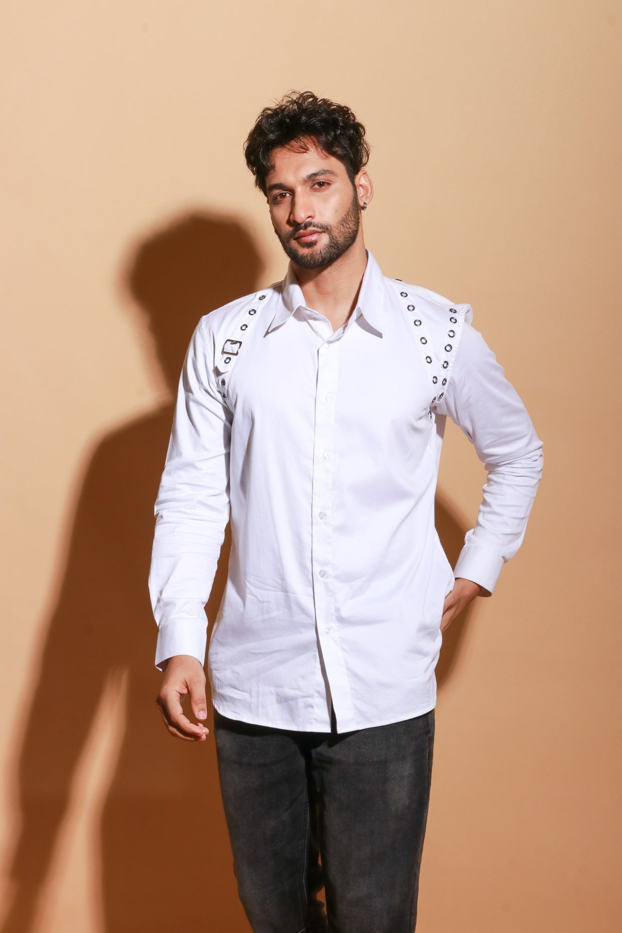 Classic white full sleeve shirt with eyelets harness feature