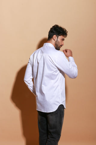 White shirt with blue stripe half star feature .